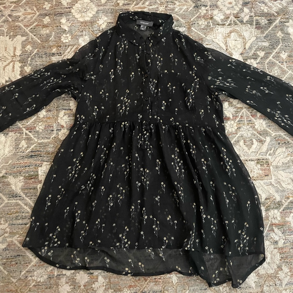 Sheer black floral print button blouse